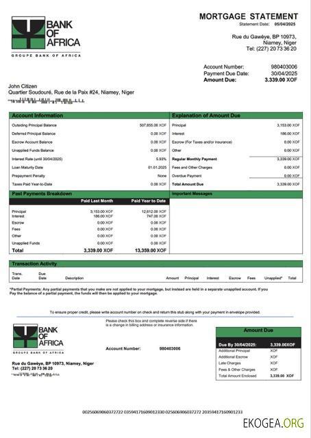 Modèle Word et PDF de relevé hypothécaire de la Niger Bank of Africa